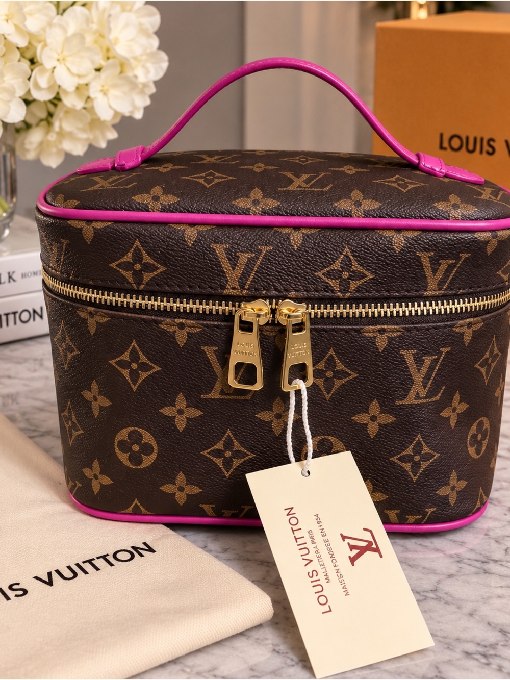 Fashion Monogram Cosmetic Case with Purple Trim